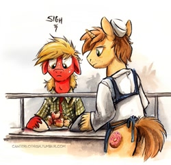 Size: 581x561 | Tagged: safe, artist:kenket, artist:spainfischer, big macintosh, donut joe, earth pony, pony, cafeteria, canterlot high, canterlot high blog, floppy ears, male, stallion