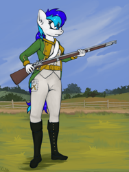 Size: 1601x2129 | Tagged: safe, artist:marsminer, oc, oc only, oc:hooklined, anthro, boots, clothes, eqfl, gaiters, gun, musket, napoleonic wars, rifle, shoes, solo, uniform, weapon