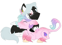 Size: 2388x1724 | Tagged: safe, artist:azure-art-wave, oc, oc only, oc:inker, oc:stardust, classical unicorn, pegasus, pony, unicorn, cloven hooves, eyes closed, gay, heterochromia, leonine tail, male, neck nuzzle, nuzzling, oc x oc, prone, shipping, simple background, smiling, stallion, transparent background, unshorn fetlocks