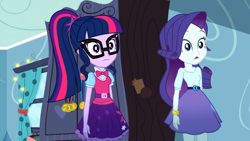 Size: 1280x720 | Tagged: safe, screencap, rarity, sci-twi, twilight sparkle, eqg summertime shorts, equestria girls, leaping off the page, belt, bowtie, bracelet, clothes, glasses, indoors, jewelry, open mouth, ponytail, skirt