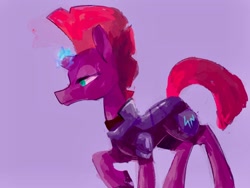 Size: 1280x963 | Tagged: safe, artist:twico, tempest shadow, unicorn, my little pony: the movie, armor, broken horn, female, glowing horn, lidded eyes, mare, simple background, solo