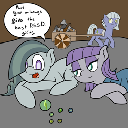 Size: 2500x2500 | Tagged: safe, artist:bennimarru, limestone pie, marble pie, maud pie, pony, flat colors, high res, marbles, pie sister swap day, pie sisters, rock, siblings, sisters, text, trio