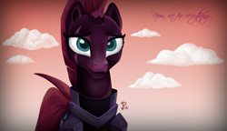 Size: 2637x1516 | Tagged: safe, artist:pyrovip, tempest shadow, unicorn, my little pony: the movie, broken horn, cloud, eye scar, female, mare, pretty pretty tempest, scar, smiling, solo