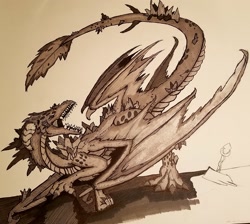 Size: 2103x1883 | Tagged: safe, artist:zalla661, dragon lord ember, princess ember, dragon, monochrome, possessed, solo, traditional art