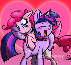 Size: 714x650 | Tagged: safe, artist:justagirlonline, pinkie pie, twilight sparkle, earth pony, pony, blushing, bow, eyes closed, female, laughing, lesbian, neck bow, shipping, tongue out, twinkie