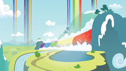 Size: 7680x4320 | Tagged: safe, artist:craftybrony, sleepless in ponyville, absurd resolution, background, cloud, flag, gazebo, grass, mountain, no pony, rainbow waterfall, scenery, sky, tree, vector, water, waterfall, winsome falls
