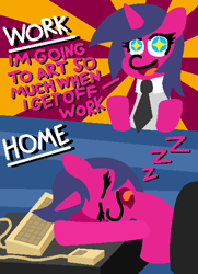 Size: 419x580 | Tagged: safe, artist:threetwotwo32232, oc, oc only, oc:fizzy pop, unicorn, chair, comic, computer mouse, eye shimmer, keyboard, necktie, newbie artist training grounds, sleeping, solo, starry eyes, sunburst background, text, wingding eyes, zzz