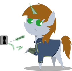 Size: 1513x1500 | Tagged: safe, artist:darksoma, oc, oc only, oc:littlepip, pony, unicorn, fallout equestria, female, lockpicking, looking back, magic, mare, pipbuck, pointy ponies, raised hoof, screwdriver, simple background, solo, transparent background, vault suit