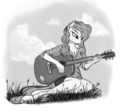 Size: 2880x2640 | Tagged: safe, artist:lightly-san, pear butter, anthro, earth pony, unguligrade anthro, breasts, cleavage, clothes, female, flower, flower in hair, grayscale, guitar, monochrome, sketch, solo