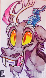 Size: 500x841 | Tagged: safe, artist:ferwildir, discord, draconequus, bust, copic, happy, male, portrait, smiling, solo, traditional art, watermark