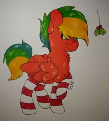 Size: 1462x1619 | Tagged: safe, artist:ponkus, oc, oc only, oc:mango tango (ponkus), pegasus, pony, clothes, female, mare, socks, solo, striped socks, traditional art