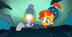 Size: 1336x702 | Tagged: safe, screencap, maud pie, sunburst, earth pony, pony, unicorn, uncommon bond, cave, female, hard hat, male