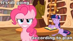 Size: 960x540 | Tagged: safe, edit, edited screencap, screencap, pinkie pie, twilight sparkle, earth pony, pony, unicorn, a friend in deed, duo, female, golden oaks library, image macro, just as planned, mare, meme