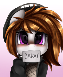 Size: 1446x1764 | Tagged: safe, artist:pridark, oc, oc only, oc:kumikoshy, pony, baka, beanie, blushing, clothes, collar, hat