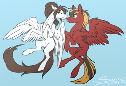 Size: 1000x689 | Tagged: safe, artist:sunny way, oc, oc only, oc:gear, oc:sunny way, pegasus, pony, flying, licking, rcf community, tongue out