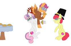 Size: 3403x2227 | Tagged: safe, artist:midnightamber, apple bloom, scootaloo, sweetie belle, pony, clothes, costume, cute, cutie mark crusaders, food, food fight, goggles, pie, scootachicken, scootaturkey, silly, silly pony, turkey costume