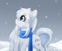 Size: 2839x2344 | Tagged: safe, artist:fluffymaiden, oc, oc only, oc:sugar puff, earth pony, pony, clothes, cute, female, gift art, looking up, mare, ocbetes, scarf, snow, snowfall, solo