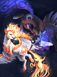 Size: 4488x6080 | Tagged: safe, artist:netoey, daybreaker, nightmare moon, alicorn, pony, a royal problem, absurd resolution, duo, female, fight, helmet, looking at each other, mare, sisters, smiling