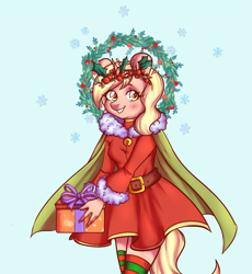 Size: 1200x1302 | Tagged: safe, artist:notira, oc, oc only, oc:sunny sweet, anthro, unicorn, anthro oc, cape, christmas wreath, clothes, female, floral head wreath, flower, kneesocks, looking at you, mare, present, smiling, socks, solo, striped socks, wreath, ych result