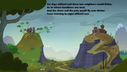 Size: 1280x720 | Tagged: safe, edit, edited screencap, screencap, fluttershy, twilight sparkle, twilight sparkle (alicorn), alicorn, pegasus, pony, season 5, the hooffields and mccolts, barn, fortress, mountain, quote, smokey mountains, the tale of flibber-o-loo, tree, valley, veggietales