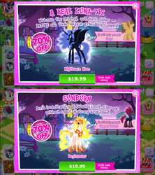 Size: 1334x1500 | Tagged: safe, daybreaker, hoops, nightmare moon, tempest shadow, alicorn, pony, my little pony: the movie, advertisement, catasterism, costs real money, crack is cheaper, error, ethereal mane, female, fire, game screencap, gameloft, mane of fire, mare, official, pun, starry mane, wingless