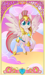 Size: 620x1021 | Tagged: safe, artist:dinkelion, angel wings, pegasus, pony, armor, cloud, cloudy, colored pupils, flying, helmet, royal guard, sky, smiling, solo