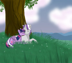 Size: 2430x2140 | Tagged: safe, artist:northstar-studios, twilight sparkle, twilight sparkle (alicorn), twilight velvet, alicorn, pony, unicorn, cloud, curved horn, eyes closed, female, grass, hill, horn, mama velvet, mare, mother and child, mother and daughter, motherly, motherly love, mountain, nuzzling, outdoors, parent and child, prone, sky, smiling, tree
