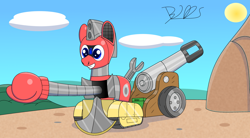 Size: 2000x1102 | Tagged: safe, artist:trackheadtherobopony, oc, oc only, oc:trackhead, original species, pony, robot, robot pony, boxing glove, cannon, solo, wheelpone