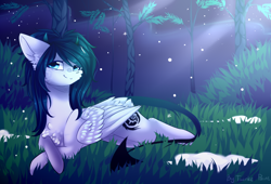 Size: 1000x678 | Tagged: safe, artist:twinkepaint, oc, oc only, oc:lyunnala, pegasus, pony, female, horns, mare, night, prone, solo, tree