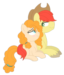 Size: 2340x2732 | Tagged: safe, artist:raspberrystudios, bright mac, pear butter, pony, the perfect pear, brightbutter, embrace, love, lying, shipping