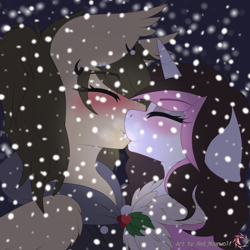 Size: 5000x5000 | Tagged: safe, artist:red_moonwolf, oc, oc only, oc:eclipsed moonwolf, oc:orange lightning, pegasus, pony, unicorn, absurd resolution, blushing, clothes, ear piercing, eyes closed, eyeshadow, fangs, female, floppy ears, holly, kissing, lesbian, makeup, piercing, snow