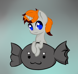 Size: 1020x972 | Tagged: safe, artist:silver snow, oc, oc only, oc:disterious, unicorn, big eyes, blue eyes, candy, cat smile, cute, face, food, grey fur, highlights, horn, icon, male, orange mane, simple background, smiling, solo, stallion, wrapped candy