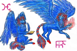 Size: 1024x675 | Tagged: safe, oc, oc only, oc:hellfire, dragon, blue fur, book, feather, fire, fur, magic, red eyes, traditional art, wings, writer