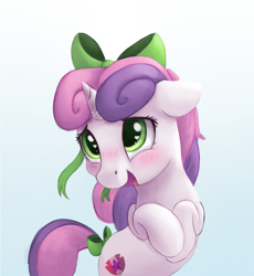 Size: 1024x1115 | Tagged: safe, artist:vanillaghosties, sweetie belle, pony, unicorn, blushing, bow, cute, diasweetes, female, filly, floppy ears, gradient background, hair bow, heart eyes, open mouth, smiling, solo, tail bow, wingding eyes