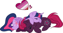 Size: 1162x605 | Tagged: safe, artist:quartziie, fizzlepop berrytwist, tempest shadow, twilight sparkle, twilight sparkle (alicorn), alicorn, pony, unicorn, g4, my little pony: the movie, base used, broken horn, duo, eyes closed, female, heart, horn, lesbian, lesbian pride flag, mare, pride, pride flag, shipping, simple background, sleeping, tempest's cutie mark, tempestlight, transparent background