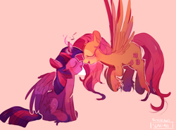 Size: 2194x1622 | Tagged: safe, artist:sunomii, fluttershy, twilight sparkle, twilight sparkle (alicorn), alicorn, pegasus, pony, duo, eyes closed, female, flying, glowing horn, lesbian, mare, music notes, nuzzling, open mouth, shipping, simple background, sitting, spread wings, twishy, unshorn fetlocks, vulgar description, wings