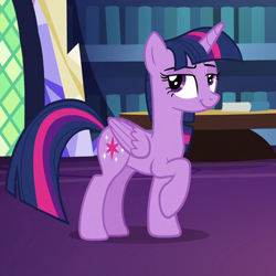 Size: 800x800 | Tagged: safe, screencap, twilight sparkle, twilight sparkle (alicorn), alicorn, uncommon bond, book, cropped, happy, raised hoof, smiling, smuglight sparkle, twilight's castle, twilight's castle library