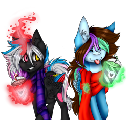 Size: 922x866 | Tagged: safe, artist:ohflaming-rainbow, oc, oc only, oc:flaming rainbow, oc:luna painter, alicorn, pegasus, pony, clothes, colored wings, female, glowing horn, heterochromia, magic, mare, milkshake, multicolored wings, scarf, simple background, telekinesis, transparent background