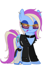 Size: 1390x1907 | Tagged: safe, oc, oc only, oc:eve scintilla, oc:plasmic snake, cyborg, earth pony, pony, 80's fashion, 80's future fashion, alternate universe, badass, base used, cigarette, clothes, collar, eyeshadow, jacket, leather jacket, makeup, mechanical legs, molecule, neon, piercing, retrowave, robotic legs, simple background, smoking, sunglasses, tattoo, trace, transparent background, vector