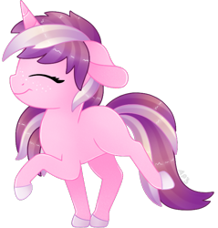 Size: 650x680 | Tagged: safe, artist:amberpone, oc, oc only, oc:primnote, pony, unicorn, adult, adult blank flank, blank flank, cute, digital art, female, freckles, happy, hooves, horn, mare, paint tool sai, pink, purple, purple hair, simple background, smiling, solo, transparent background