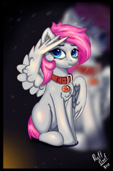 Size: 3297x4991 | Tagged: safe, artist:drafthoof, oc, oc only, oc:gloomy frenzy, pegasus, pony, collar, dog tags, salute, simple background, wing hands, zoom layer