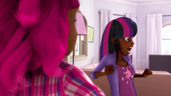 Size: 2048x1152 | Tagged: safe, artist:the-75th-hunger-game, edit, edited screencap, pinkie pie, twilight sparkle, human, alya cesaire, clothes, cutie mark on clothes, dark skin, flannel, human coloration, humanized, implied flurry heart, jacket, marinette dupain-cheng, miraculous ladybug, oh shit, plaid shirt, screaming, shirt, startled, t-shirt, this will not end well