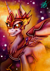 Size: 1024x1448 | Tagged: safe, artist:ebonyinkstone, daybreaker, alicorn, pony, a royal problem, evil grin, female, grin, helmet, looking at you, mare, smiling, solo