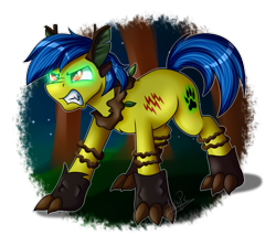 Size: 2800x2500 | Tagged: safe, artist:jack-pie, oc, oc only, hybrid, original species, pony, timber pony, timber wolf, angry, glowing eyes, night, red eyes, signature, solo, species swap, stars, tree