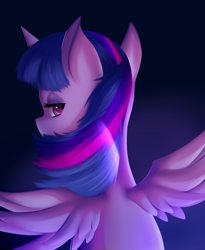 Size: 1280x1564 | Tagged: safe, artist:suziouwabami, twilight sparkle, twilight sparkle (alicorn), alicorn, pony, ambience, back, dark, female, looking at you, mare, omnious, purple, solo, wings