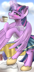 Size: 3900x8350 | Tagged: safe, artist:lakunae, twilight sparkle, twilight sparkle (alicorn), alicorn, blushing, book, boots, clothes, coffee, eyeshadow, female, glowing horn, horseshoes, lipstick, magic, makeup, morning, rearing, see-through, shirt, shoes, skirt, smiling, telekinesis, wet, wet clothes, wet shirt