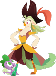 Size: 4096x5521 | Tagged: safe, artist:amarthgul, captain celaeno, spike, anthro, bird, dragon, my little pony: the movie, absurd resolution, amputee, peg leg, prosthetic leg, prosthetic limb, prosthetics, raised eyebrow, simple background, transparent background, vector