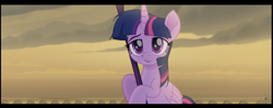 Size: 1342x532 | Tagged: safe, screencap, twilight sparkle, twilight sparkle (alicorn), alicorn, pony, my little pony: the movie, bipedal, cute, female, lidded eyes, mare, open mouth, rainbow (song), smiling, solo, staff, staff of sacanas