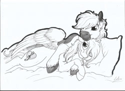 Size: 3506x2550 | Tagged: safe, artist:lupiarts, oc, oc only, oc:melodis, oc:yaktan, pony, cuddling, grayscale, melotan, monochrome, pillow, simple background, sketch, traditional art, white background