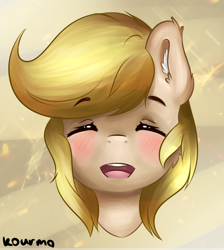 Size: 974x1088 | Tagged: safe, artist:kourma, oc, oc only, oc:dandelion blossom, pony, blushing, bust, cute, ear fluff, eyes closed, female, mare, open mouth, portrait, ych result